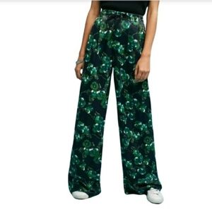 Anthropologie Floral Black Green Satin Wide leg